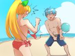  1boy 1girl arikindows10 ass ball beachball blonde_hair blush breasts clouds long_hair mega_man_(series) mega_man_battle_network open_mouth roll.exe_(mega_man) swimsuit 