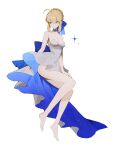  1girl absurdres ahoge artoria_pendragon_(fate) bangs bare_arms bare_legs bare_shoulders barefoot blonde_hair braid breasts choker closed_mouth dress fate/stay_night fate_(series) full_body green_eyes hair_bun hair_ribbon hand_on_own_thigh highres light_smile long_hair looking_to_the_side medium_breasts ribbon saber short_hair sidelocks solo symbol-only_commentary white_background white_choker white_dress yoru_(0_0yoru) 