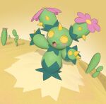  :d absurdres cactus desert english_commentary flower full_body highres inkune looking_at_viewer maractus no_humans open_mouth outdoors pink_flower pokemon pokemon_(creature) smile solo spikes yellow_eyes 