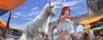  1girl bird breasts clouds commentary_request cowboy_shot crop_top crop_top_overhang highres horse large_breasts long_hair looking_to_the_side market mouth_veil navel orange_eyes original people redhead sky solo_focus thighs unicorn veil web_address white_horse ydiya 