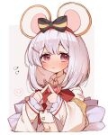  1girl animal_ears bangs blush collared_shirt crop_top fake_animal_ears flying_sweatdrops granblue_fantasy hair_ornament hairband hairclip heart index_fingers_together k0bo43 looking_at_viewer medium_hair mouse_ears navel raised_eyebrows red_eyes shirt solo upper_body vikala_(granblue_fantasy) wavy_mouth white_hair white_shirt 