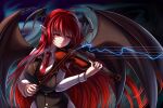  1girl abstract_background antenna_hair bat_wings black_vest bow_(music) breasts buttons closed_mouth gold_trim hair_between_eyes head_wings instrument koakuma large_breasts long_hair long_sleeves looking_to_the_side music namiki_(remiter00) necktie playing_instrument red_eyes red_necktie redhead simple_background solo touhou very_long_hair vest violin wing_collar wings 