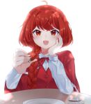  1girl :d ahoge arm_rest bloom blush braid braided_ponytail food fruit hair_over_shoulder hand_on_own_cheek hand_on_own_face highres holding holding_food holding_fruit incoming_food long_hair looking_at_viewer milll_77 okazaki_yumemi red_eyes redhead simple_background smile solo strawberry table touhou touhou_(pc-98) upper_body white_background 