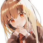  1girl bangs bow bowtie brown_hair closed_mouth eyebrows_visible_through_hair highres long_hair long_sleeves looking_at_viewer masi_masio orange_eyes original own_hands_together red_bow red_bowtie simple_background solo symbol-only_commentary upper_body white_background 