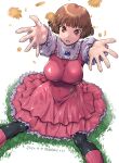  1girl amania_orz bangs breasts brown_eyes brown_hair covered_navel dated dress feet_out_of_frame frilled_dress frills grass gundam highres large_breasts long_sleeves pantyhose parted_lips pink_dress shadow short_hair sochie_heim solo turn_a_gundam twitter_username 
