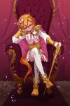  1girl animal_ears armor bangs bloomers boots cane cape capelet crossed_legs crown curtains full_body gloves highres holding holding_cane horse_ears horse_girl horse_tail jewelry looking_at_viewer mini_crown multiple_rings ochabashira orange_hair pink_capelet ring shirt short_hair shoulder_armor single_glove sitting skirt smile solo striped striped_skirt t.m._opera_o_(umamusume) tail thigh-highs throne tile_floor tiles umamusume underwear v-shaped_eyebrows vambraces violet_eyes white_gloves white_legwear white_shirt yellow_footwear 