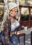  1girl animal_ears bangs belt black_belt boku_no_hero_academia breasts brown_jacket casual coffee_cup cup dark-skinned_female dark_skin denim disposable_cup hair_over_one_eye highres hiromago jacket jeans large_breasts long_eyelashes long_hair looking_at_viewer mirko navel outdoors pants parted_bangs rabbit_ears rabbit_girl red_eyes shirt smile solo stairs tank_top teeth white_hair white_shirt 