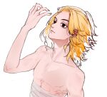  1boy bandages black_eyes blonde_hair collarbone highres long_hair looking_at_hand male_focus parted_lips sano_manjirou shihpa simple_background sketch solo tied_hair tokyo_revengers topless_male white_background 