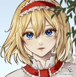  1girl alice_margatroid ascot bangs blonde_hair blue_eyes capelet hairband hoshiringo0902 lips lolita_hairband open_mouth red_ascot red_hairband short_hair solo touhou upper_body white_capelet 