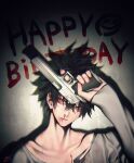  1boy arm_up bare_shoulders black_hair bleeding blood blood_on_chest blood_on_face bruise bruise_on_face collarbone dated facial_tattoo fingernails gun hair_between_eyes handgun happy_birthday highres holding holding_gun holding_weapon injury looking_at_viewer male_focus nosebleed original parted_lips red_eyes scar scratches shoulder_tattoo signature single_bare_shoulder sleeves_past_wrists smeared_blood solo spotlight tattoo torn torn_clothes weapon yokaze_(xxxdisxxx) 