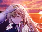 1girl bangs blonde_hair blue_oath blush closed_eyes crying eyebrows_visible_through_hair gosama hair_between_eyes hair_ornament hairclip hand_on_head highres lips long_hair looking_at_viewer oakland_(blue_oath) open_mouth solo sunset tears teeth uniform upper_body 