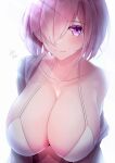  1girl backlighting blush breasts closed_mouth collarbone fate/grand_order fate_(series) hair_over_one_eye large_breasts lee-taro light_smile looking_at_viewer mash_kyrielight off_shoulder purple_hair short_hair signature smile solo upper_body violet_eyes white_background 