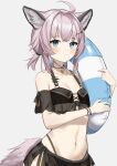  1girl absurdres ahoge animal_ear_fluff animal_ears arknights bangs bare_shoulders bikini black_bikini blue_eyes blush breasts cat_ears closed_mouth collarbone commentary eyebrows_visible_through_hair grey_background hair_ornament hairclip highres holding innertube looking_at_viewer low_twintails navel off-shoulder_bikini off_shoulder pink_hair see-through short_twintails simple_background small_breasts solo sussurro_(arknights) sussurro_(summer_flowers)_(arknights) swimsuit tail twintails wazd0183 