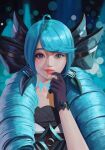  1girl absurdres ahoge bangs black_background black_bow black_gloves blue_eyes blue_hair bow breasts drill_hair gloves green_background green_eyes green_hair gwen_(league_of_legends) hair_bow hand_up highres league_of_legends long_hair looking_at_viewer shiny shiny_hair smile solo swept_bangs twin_drills twintails user_smfa2555 