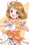  1girl ahoge artist_request bangs blue_eyes bow bracelet brown_hair commentary_request dress hair_bow highres idolmaster idolmaster_million_live! jewelry looking_at_viewer open_mouth puffy_short_sleeves puffy_sleeves short_hair short_sleeves solo suou_momoko upper_body white_dress 