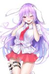  1girl ;d animal_ears ass_visible_through_thighs blush hands_on_own_cheeks hands_on_own_face highres long_hair looking_at_viewer necktie one_eye_closed purple_hair rabbit_ears red_eyes red_necktie red_skirt reisen_udongein_inaba short_sleeves simple_background skirt smile solo touhou upskirt very_long_hair white_background wing_collar xialuluo_(sharuro) 