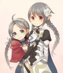  ahoge bangs blue_eyes braid breasts capelet choker closed_mouth collared_shirt corrin_(fire_emblem) corrin_(fire_emblem)_(female) fire_emblem fire_emblem_fates flower hair_flower hair_ornament hood hooded_capelet long_hair looking_at_viewer lowres mother_and_daughter nina_(fire_emblem) pointy_ears red_eyes shirt silver_hair tefutene twin_braids 