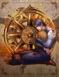  2boys 617247500 blonde_hair blood blood_in_mouth blood_on_clothes blue_eyes blue_hair dio_brando hug jojo_no_kimyou_na_bouken jonathan_joestar kneeling male_focus multiple_boys phantom_blood severed_head steering_wheel 