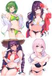  4girls absurdres arm_support bangs bare_shoulders bikini black_bikini black_hair bracelet braid breasts closed_mouth cu-no earrings fingernails flower food glasses green_bikini green_eyes green_hair halterneck hat head_tilt hibiscus highres hisen_kaede holding jacket jewelry kokonoe_tamaki large_breasts lifted_by_self lips long_hair looking_at_viewer multiple_girls nail_polish navel necklace nonono_futaba off_shoulder open_clothes open_mouth parted_lips pink_hair popsicle red_eyes scan shiny shiny_hair shirt short_hair simple_background smile stomach straw_hat swimsuit t-shirt thighs tied_hair twin_braids twintails violet_eyes white_background yayoi_sakura 