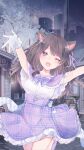  1girl animal_ears bangs blush bow breasts brown_hair capelet cat_ears cat_girl city commission eyebrows_visible_through_hair gloves high-waist_skirt highres indie_virtual_youtuber kinosada looking_at_viewer love_and_producer medium_breasts one_eye_closed open_hands outstretched_arms plaid plaid_skirt purple_bow purple_capelet purple_skirt second-party_source shimotsuki_miri skeb_commission skirt solo tree violet_eyes virtual_youtuber white_gloves 