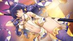  1girl animal_ears ass_visible_through_thighs bangs breasts character_request dog_ears dog_girl egyptian_clothes eyebrows_visible_through_hair highres legend_clover long_hair looking_at_viewer medium_breasts mojarin_(kihara_mojarin) navel pelvic_curtain purple_hair revealing_clothes sidelocks solo standing thigh-highs yellow_eyes 