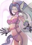  1girl armor bangs blue_background breasts closed_mouth cowboy_shot digimon digimon_(creature) digimon_frontier fairymon gauntlets gradient gradient_background grey_background highres large_breasts long_hair navel panties pink_panties purple_hair rui_rubellent shoulder_armor smile stomach thigh-highs underwear visor wings 