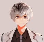  1boy ahoge beige_background black_hair closed_mouth coat eyebrows_visible_through_hair grey_eyes grey_necktie hair_between_eyes male_focus necktie open_clothes open_coat sasaki_haise shihpa simple_background solo tokyo_ghoul tokyo_ghoul:re white_coat white_hair 