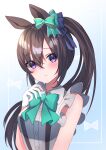  1girl alternate_hairstyle animal_ears astroglia_cyte bangs blue_background blue_bow blue_ribbon blush bow closed_mouth collared_shirt commentary_request dress_shirt ear_bow eyebrows_visible_through_hair gloves gradient gradient_background green_bow hair_between_eyes hair_bow hair_ribbon half_gloves hand_up highres horse_ears long_hair looking_at_viewer mejiro_dober_(umamusume) ponytail ribbon shirt sleeveless sleeveless_shirt solo umamusume upper_body very_long_hair violet_eyes white_background white_gloves white_shirt 