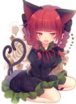  1girl animal_ears balloon black_dress black_ribbon bow bowtie braid cat_ears cat_tail dress fang floral_background floral_print green_dress highres kaenbyou_rin leg_ribbon leg_strap looking_at_viewer multiple_tails open_mouth puffy_sleeves red_bow red_eyes redhead ribbon seiza simple_background sitting skin_fang solo tail touhou twin_braids two_tails urushiruu white_background 