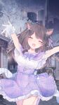  1girl ^_^ animal_ears bangs blush bow breasts brown_hair capelet cat_ears cat_girl city closed_eyes commission eyebrows_visible_through_hair gloves high-waist_skirt highres indie_virtual_youtuber kinosada love_and_producer medium_breasts open_hands outstretched_arms plaid plaid_skirt purple_bow purple_capelet purple_skirt second-party_source shimotsuki_miri skeb_commission skirt solo tree virtual_youtuber white_gloves 