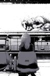  1girl 1other animal can chair facing_away greyscale horror_(theme) long_hair monochrome multiple_legs original oversized_animal sitting tokomichi train_station 