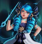  1girl bangs black_bow black_dress blue_eyes blue_hair bow breasts commentary cowboy_shot dress drill_hair gloves gradient gradient_background grey_dress gwen_(league_of_legends) hair_bow hair_ornament hand_up highres holding holding_needle kouq98 league_of_legends long_hair needle oversized_object puffy_short_sleeves puffy_sleeves sewing_needle shiny shiny_hair short_sleeves signature smile solo swept_bangs twin_drills twintails x_hair_ornament 