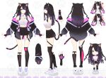  1girl animal_ears artist_request black_gloves black_hair black_jacket black_skirt breasts cat_ears cat_girl cat_tail character_sheet chibi cleavage_cutout clothing_cutout fingerless_gloves food gloves highres indie_virtual_youtuber jacket medium_breasts mixed-language_commentary multiple_views off_shoulder open_hands sashimi shimotsuki_miri shoes skirt sneakers suwaa_sagryuu tail two_side_up virtual_youtuber white_footwear 