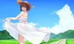  1girl bangs blue_sky brown_eyes brown_hair closed_mouth clothes_lift clouds commentary_request cumulonimbus_cloud day dress dress_lift eyebrows_visible_through_hair field frills hat hat_ribbon highres house katou_megumi lifted_by_self looking_at_viewer mountainous_horizon outdoors power_lines rebutsu ribbon road rural saenai_heroine_no_sodatekata short_hair sky smile solo standing straw_hat sun_hat sundress torii vanishing_point white_dress 