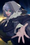  1girl aqua_eyes bangs breasts character_name cloak echo_(circa) fate_(series) gray_(fate) grey_background hood hooded hooded_cloak long_hair long_sleeves looking_at_viewer lord_el-melloi_ii_case_files medium_breasts open_mouth outstretched_arm solo 