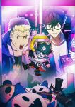  2boys absurdres arsene_(persona_5) bangs black_hair blonde_hair btmr_game captain_kidd_(persona) closed_mouth commentary_request crane_game glasses highres jack_frost jacket kuma_(persona_4) male_focus multiple_boys open_clothes open_jacket open_mouth persona persona_4 persona_5 red_eyes sakamoto_ryuuji shin_megami_tensei shirt signature stuffed_toy sweat t-shirt 