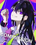  1girl arm_up artist_name bangs black_hair blood character_request clenched_hand collared_shirt commentary commission daichim_lem green_necktie grin hair_between_eyes long_hair looking_at_viewer necktie purple_shirt shirt sidelocks smile solo teeth upper_body violet_eyes 