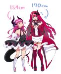  2girls bangs bare_shoulders black_dress blush boots breasts center_frills closed_eyes curled_horns detached_collar detached_sleeves dragon_girl dragon_horns dragon_tail dress earrings elizabeth_bathory_(fate) fairy_knight_tristan_(fate) fate/extra fate/grand_order fate_(series) frills full_body grey_eyes hair_ribbon height_chart highres horns jewelry large_breasts layered_skirt long_hair multiple_girls pink_hair pointy_ears red_dress red_footwear ribbon sidelocks skirt small_breasts smile tail thigh-highs thigh_boots tiara two_side_up white_skirt yamagara_tasuku 