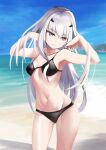  1girl absurdres armpits bangs bare_shoulders beach bikini black_bikini blue_sky breasts brown_eyes collarbone fairy_knight_lancelot_(fate) fate/grand_order fate_(series) hands_up highres long_hair looking_to_the_side navel ocean shore sidelocks sky small_breasts solo swimsuit thighs white_hair xiuzhfu 