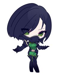  1girl absurdres animification black_footwear black_gloves black_hair bodysuit boots chibi eyebrows_visible_through_hair gloves green_bodysuit highres kom0980 looking_at_viewer mask mouth_mask short_hair solo thigh-highs thigh_boots v-shaped_eyebrows valorant viper_(valorant) walking white_background 