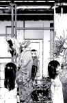  1girl 2others choker disembodied_head flower flower_request greyscale horror_(theme) jacket japanese_clothes kimono long_hair long_sleeves medium_hair monochrome multiple_others original tokomichi twintails yukata 