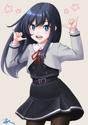  1girl asashio_(kancolle) asashio_(kancolle)_(cosplay) asashio_kai_ni_(kancolle) belt black_hair black_legwear blue_eyes commentary_request cosplay cowboy_shot dress eyebrows_visible_through_hair flat_chest hair_between_eyes highres jacket kantai_collection long_hair long_sleeves looking_at_viewer neck_ribbon neckerchief open_mouth pantyhose pinafore_dress red_neckerchief ribbon shaka_sign shiny shiny_clothes shiny_legwear shirt signature simple_background smile solo t2r white_background white_jacket white_shirt 