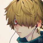  1boy absurdres beige_background blonde_hair dated earphones earphones hair_over_one_eye highres looking_at_viewer male_focus original parted_lips red_eyes signature simple_background solo upper_body wide-eyed yokaze_(xxxdisxxx) zipper zipper_pull_tab 