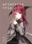 1girl alternate_costume bangs bat_wings character_name cover cover_page cowboy_shot doujin_cover english_text eyebrows_visible_through_hair from_side grey_background head_wings koakuma long_hair looking_at_viewer low_wings nagata_nagato nail_polish red_eyes redhead simple_background smile solo sweater touhou v wings 