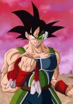  1boy armor bandana bardock bare_shoulders biceps dragon_ball dragon_ball_z headband highres looking_at_viewer male_focus mocky_art monkey_tail muscular muscular_male saiyan saiyan_armor scar scar_on_face scouter screaming solo solo_focus tail wristband 
