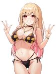  1girl absurdres bangs bikini black_bikini blonde_hair blush breasts commentary double_v ear_piercing earrings eyebrows_visible_through_hair fingernails floral_print gradient_hair hands_up highres jewelry kano_(wi3028) kitagawa_marin large_breasts long_hair looking_at_viewer multicolored_hair navel parted_lips pendant piercing pink_hair print_bikini red_eyes side-tie_bikini simple_background smile solo sono_bisque_doll_wa_koi_wo_suru stomach swimsuit thigh_gap v white_background 