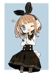  1girl ;d bangs black_bow black_bowtie black_legwear black_skirt blue_background blue_eyes blunt_bangs blush_stickers border bow bowtie brown_hair collared_shirt cowboy_shot earmuffs hair_bow hands_up head_tilt high-waist_skirt long_sleeves looking_at_viewer no_nose no_pupils one_eye_closed open_mouth original outside_border own_hands_together palms_together pantyhose puffy_long_sleeves puffy_sleeves rabbit_tail rounded_corners shirt shirt_tucked_in short_hair simple_background skirt sleeve_bow smile solo standing star_(symbol) striped striped_bow swept_bangs tail vertical_stripes white_border white_shirt wing_collar yukihi yukihi-chan 