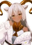  1girl animal_ear_fluff animal_ears aratake arknights bangs bare_shoulders beeswax_(arknights) beeswax_(weisser_sand)_(arknights) blush closed_mouth coat dark-skinned_female dark_skin dress eyebrows_visible_through_hair goat goat_ears goat_horns horns long_hair long_sleeves looking_at_viewer off_shoulder official_alternate_costume open_clothes open_coat silver_hair sleeves_past_wrists smile solo upper_body white_coat white_dress yellow_eyes 