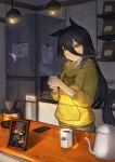  1girl absurdres ahoge alternate_costume animal_ears bangs black_hair blush cellphone commentary_request cup earrings hair_between_eyes highres holding holding_cup hood hood_down hoodie horse_ears horse_girl horse_tail indoors jewelry kitchen long_hair manhattan_cafe_(umamusume) mug parted_lips phone photo_(object) picture_frame refrigerator single_earring smartphone solo steam tail teapot umamusume watashinabe yellow_eyes yellow_hoodie 