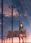  1girl 5_centimeters_per_second bag black_hair black_legwear book bow brown_eyes clouds collared_shirt furuyama_itaru holding holding_book power_lines red_bow school_bag school_uniform seat shinohara_akari shirt sitting skirt solo tree utility_pole white_shirt 